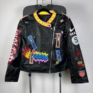 Honey Pot Women’s Black Faux Leather Jacket with Colorful Patches Size 3XL